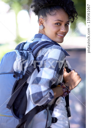 Portrait, backpack and happy student at park, university or outdoor campus in summer. Face, bag and smile of woman at college for education, learning and young teenager or girl studying in Brazil Portrait, backpack and happy student at park, university or outdoor campus in summer. Face, bag and smile of woman at college for education, learning and young teenager or girl studying in Brazil 139561067
