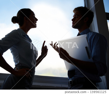 Business people, problem and silhouette of manager discussion with employee over dispute conflict or mistake. Communication, window and workforce conversation on corporate crisis, disaster or fail Business people, problem and silhouette of manager discussion with employee over dispute conflict or mistake. Communication, window and workforce conversation on corporate crisis, disaster or fail 139561125