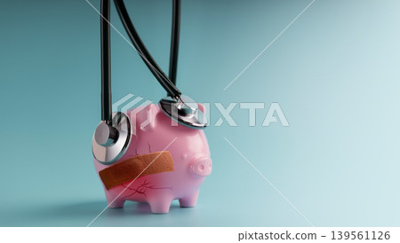 Piggy bank with bandage and stethoscope representing financial recovery, economic health check Piggy bank with bandage and stethoscope representing financial recovery, economic health check 139561126