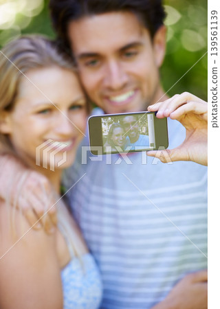 Selfie, photography or happy couple on social media in nature to relax together on holiday vacation. Smile, woman or man in picture or photo for bonding with love, support or hug on an online post 139561139