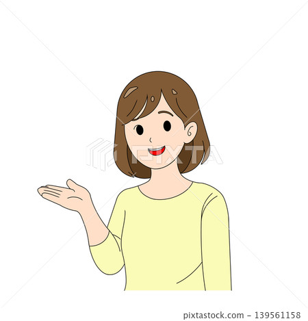 一位微笑的女子用手掌指引方向的插圖。 139561158