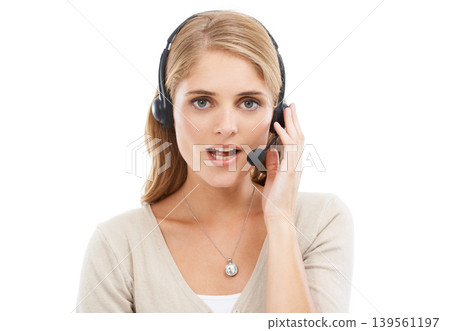 Call center, woman and portrait in studio for contact, customer service and FAQ questions on white background. Telemarketing agent with microphone for IT support, CRM advisory and telecom consulting 139561197