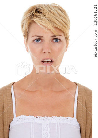 Shocked woman, portrait and disappointed for news, unfair or failure on a white studio background. Face of female person, model or blonde and facial expression or emotion in concern, worry or trouble Shocked woman, portrait and disappointed for news, unfair or failure on a white studio background. Face of female person, model or blonde and facial expression or emotion in concern, worry or trouble 139561321