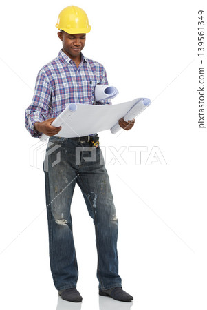 Architect, construction and engineering, black man and blueprint for contractor job and maintenance on white background. Floor plan, check paperwork and builder with helmet and architecture in studio Architect, construction and engineering, black man and blueprint for contractor job and maintenance on white background. Floor plan, check paperwork and builder with helmet and architecture in studio 139561349
