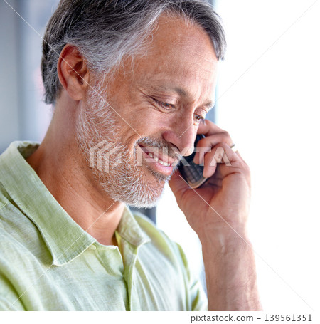 Thinking, smile or mature man on a phone call listening or talking for communication to relax. Confident, retirement or senior person in home calling to chat in conversation or speaking on mobile Thinking, smile or mature man on a phone call listening or talking for communication to relax. Confident, retirement or senior person in home calling to chat in conversation or speaking on mobile 139561351
