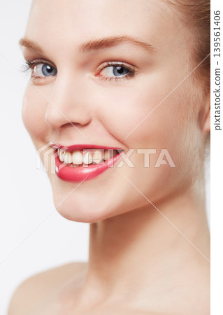 Portrait, red lipstick and model in studio with makeup, cosmetics and happy by white background. Woman, glow face and confident with beauty aesthetic, blue eyes and blonde hair with skincare results Portrait, red lipstick and model in studio with makeup, cosmetics and happy by white background. Woman, glow face and confident with beauty aesthetic, blue eyes and blonde hair with skincare results 139561406