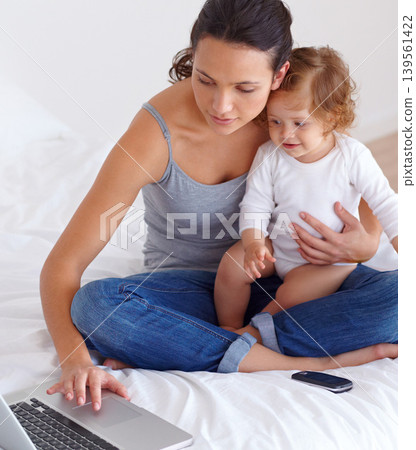 Laptop, baby and mother in bedroom for remote work, learning or online education in home. Freelancer parent, computer and kid on bed playing with abacus, child care and toddler together with family Laptop, baby and mother in bedroom for remote work, learning or online education in home. Freelancer parent, computer and kid on bed playing with abacus, child care and toddler together with family 139561422