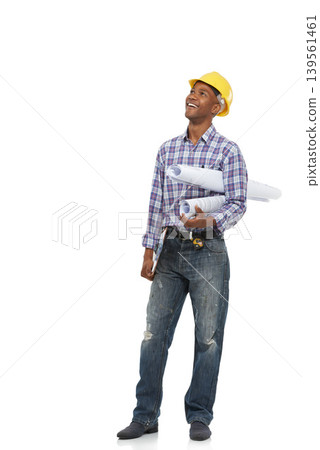 Blueprint, construction and man on a white background for thinking, maintenance or building inspection. Engineering, architecture and isolated worker with illustration, planning and papers in studio Blueprint, construction and man on a white background for thinking, maintenance or building inspection. Engineering, architecture and isolated worker with illustration, planning and papers in studio 139561461