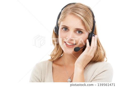 Woman, call center or portrait in studio with space for customer support, CRM questions or IT contact on white background. Telemarketing agent, happy consultant or microphone for FAQ advice at mockup 139561471