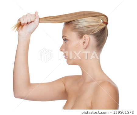 Beauty, woman and cosmetics in studio for hair care with keratin treatment, shampoo shine and mock up. Model, person and soft hairstyle, texture and cosmetology at hairdresser on white background Beauty, woman and cosmetics in studio for hair care with keratin treatment, shampoo shine and mock up. Model, person and soft hairstyle, texture and cosmetology at hairdresser on white background 139561578
