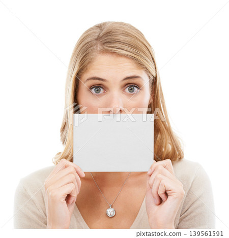 Blank, card and face of woman with sign for question or poster in white background and mockup. Studio, space and person with a empty signage for information on choice, decision or cardboard paper 139561591