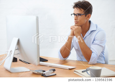 Web design, thinking or man with computer at office reading information for project or solution. IT support, business or employee programming with news or research online at workplace or desk on pc Web design, thinking or man with computer at office reading information for project or solution. IT support, business or employee programming with news or research online at workplace or desk on pc 139561596
