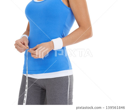 Fitness, measuring tape and closeup of woman in a studio for exercise, training or workout. Sports, health and zoom of young female person with equipment for weight loss isolated by white background. Fitness, measuring tape and closeup of woman in a studio for exercise, training or workout. Sports, health and zoom of young female person with equipment for weight loss isolated by white background. 139561846