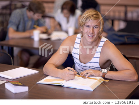 Education, writing and portrait of man with books for studying, learning and research for knowledge. University, college and happy student with textbooks for assignment, project and test on campus 139561913