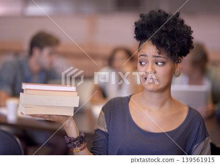 Books, education and woman nervous for university, academy crisis and school workload for philosophy study. College, campus and student worry over learning literature, knowledge or textbook pile Books, education and woman nervous for university, academy crisis and school workload for philosophy study. College, campus and student worry over learning literature, knowledge or textbook pile 139561915