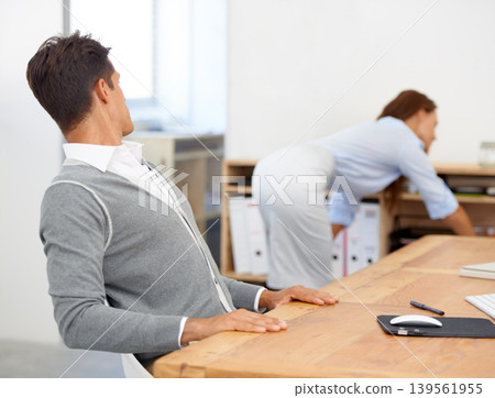 Sexual harassment, businessman looking or body of employee in office working with coworker looking. Spy, lust problem or woman with toxic predator or unprofessional male colleague or pervert peeping Sexual harassment, businessman looking or body of employee in office working with coworker looking. Spy, lust problem or woman with toxic predator or unprofessional male colleague or pervert peeping 139561955