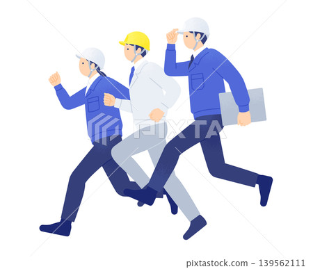 A full-body vector illustration of three workers, two men and two women, wearing helmets, moving forward with great force. A full-body vector illustration of three workers, two men and two women, wearing helmets, moving forward with great force. 139562111