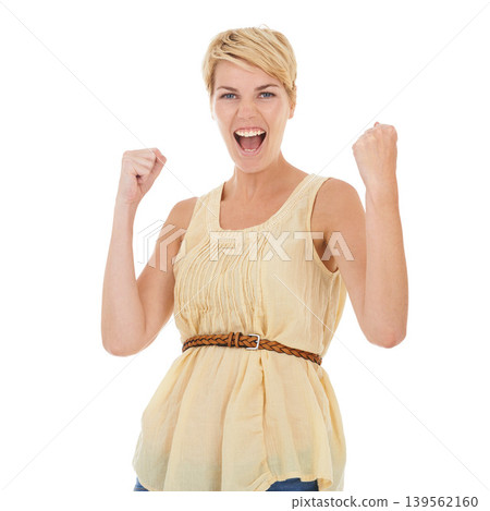 Happy woman, portrait and fist pump in celebration for winning or good news on a white studio background. Young female person, model or blonde smile for achievement, promotion or deal on mockup space Happy woman, portrait and fist pump in celebration for winning or good news on a white studio background. Young female person, model or blonde smile for achievement, promotion or deal on mockup space 139562160