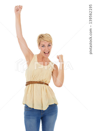 Happy woman, portrait and fist pump for winning, promotion or good news on a white studio background. Young female person, model or blonde smile for achievement, celebration or deal on mockup space Happy woman, portrait and fist pump for winning, promotion or good news on a white studio background. Young female person, model or blonde smile for achievement, celebration or deal on mockup space 139562195