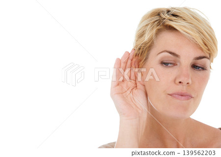 Ear, hand and woman with secret in a studio with mockup space for advertising or marketing. Gossip, communication and female person with listening gesture isolated by white background with mock up. 139562203