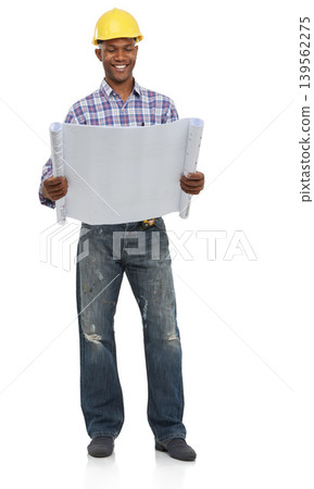 Architecture, construction and engineering, black man and blueprint for contractor job and maintenance on white background. Floor plan, check paperwork and builder with helmet and architect in studio Architecture, construction and engineering, black man and blueprint for contractor job and maintenance on white background. Floor plan, check paperwork and builder with helmet and architect in studio 139562275