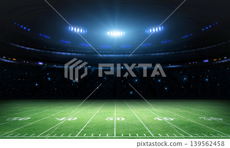 IIIuminated American Football Stadium at night with empty field. 139562458
