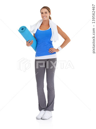 Yoga mat, sports and portrait of woman in studio for health, body or pilates workout. Fitness, towel and happy young female person with equipment for exercise or training isolated by white background Yoga mat, sports and portrait of woman in studio for health, body or pilates workout. Fitness, towel and happy young female person with equipment for exercise or training isolated by white background 139562467