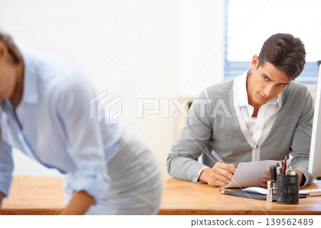 Sexual harassment, businessman checking or body of employee in office working with coworker looking. Watch, spy problem or woman with toxic person or unprofessional male colleague or pervert peeping Sexual harassment, businessman checking or body of employee in office working with coworker looking. Watch, spy problem or woman with toxic person or unprofessional male colleague or pervert peeping 139562489