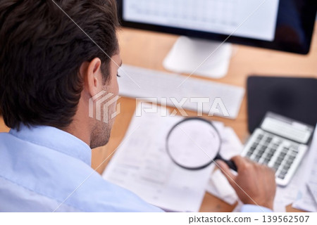 Finance, businessman and magnifying glass in office with accounting career, budget and bills planning. Entrepreneur, person and bookkeeper with rear view for asset management, expenses and investment Finance, businessman and magnifying glass in office with accounting career, budget and bills planning. Entrepreneur, person and bookkeeper with rear view for asset management, expenses and investment 139562507
