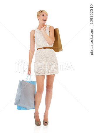 Happy woman, surprise and shopping bags in fashion, purchase or buying on a white studio background. Female person, shopper or blonde smile with gift bag for deal, discount or sale on mockup space Happy woman, surprise and shopping bags in fashion, purchase or buying on a white studio background. Female person, shopper or blonde smile with gift bag for deal, discount or sale on mockup space 139562510