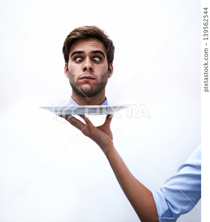 Head, plate and face of business man punishment for company mistake, corporate crisis or agency fail. Studio dish, decapitation and hand serving professional agent after disaster on white background Head, plate and face of business man punishment for company mistake, corporate crisis or agency fail. Studio dish, decapitation and hand serving professional agent after disaster on white background 139562544