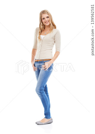 Woman, portrait or happy with fashion in studio with calm expression, positivity or smile. Model, person and confidence or joy with casual outfit, trendy clothes and mock up space on white background Woman, portrait or happy with fashion in studio with calm expression, positivity or smile. Model, person and confidence or joy with casual outfit, trendy clothes and mock up space on white background 139562581