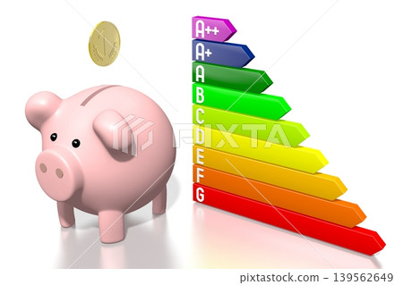 Energy consumption, efficiency chart and piggy bank - savings concept - 3D illustration Energy consumption, efficiency chart and piggy bank - savings concept - 3D illustration 139562649