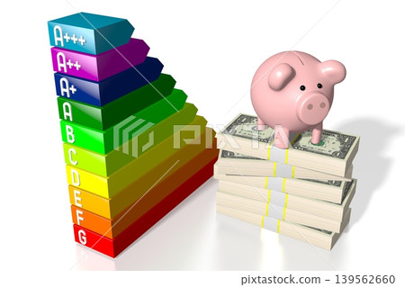 Piggy bank, money banknotes and energy consumption chart - 3D illustration 139562660