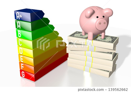 Piggy bank, money banknotes and energy consumption chart - 3D illustration 139562662