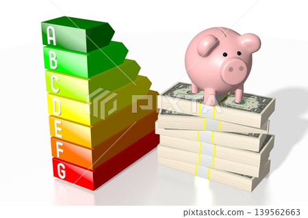 Piggy bank, money banknotes and energy consumption chart - 3D illustration Piggy bank, money banknotes and energy consumption chart - 3D illustration 139562663