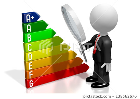 Cartoon character with magnifying glass and energy consumption chart - 3D illustration Cartoon character with magnifying glass and energy consumption chart - 3D illustration 139562670