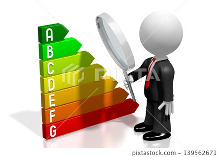 Cartoon character with magnifying glass and energy consumption chart - 3D illustration Cartoon character with magnifying glass and energy consumption chart - 3D illustration 139562671