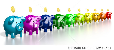Colorful piggy banks and coins - power consumption, saving, efficiency concept - 3D illustration 139562684