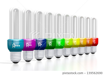 Electrical energy consumption, efficiency concept with colorful ligh bulbs - 3D illustration Electrical energy consumption, efficiency concept with colorful ligh bulbs - 3D illustration 139562690