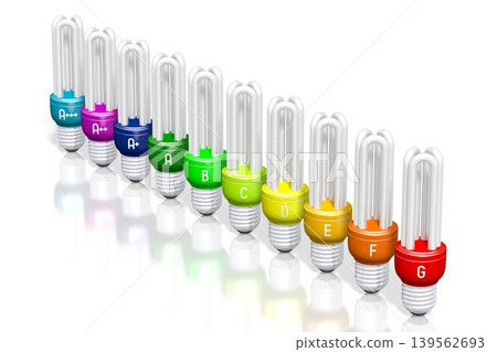 Electrical energy consumption, efficiency concept with colorful ligh bulbs - 3D illustration Electrical energy consumption, efficiency concept with colorful ligh bulbs - 3D illustration 139562693