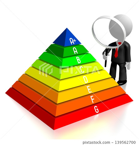Cartoon character with magnifying glasss and pyramid power consumption, efficiency chart - 3D illustration Cartoon character with magnifying glasss and pyramid power consumption, efficiency chart - 3D illustration 139562700