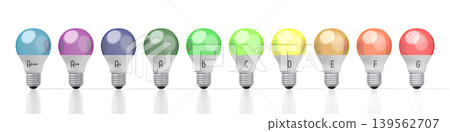 Electrical energy consumption, efficiency concept with colorful ligh bulbs - 3D illustration 139562707