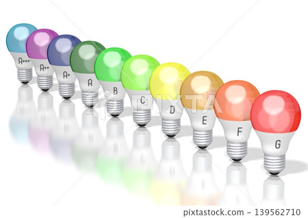 Electrical energy consumption, efficiency concept with colorful ligh bulbs - 3D illustration Electrical energy consumption, efficiency concept with colorful ligh bulbs - 3D illustration 139562710