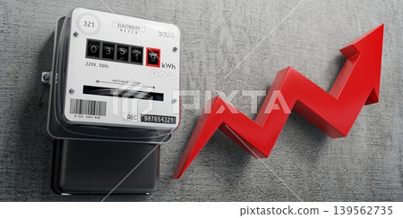 Electricity meter and upwards arrow - 3D illustration Electricity meter and upwards arrow - 3D illustration 139562735