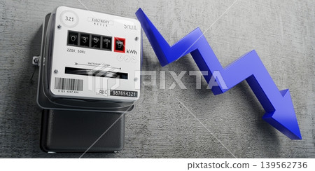 Electricity meter and downwards arrow - 3D illustration Electricity meter and downwards arrow - 3D illustration 139562736