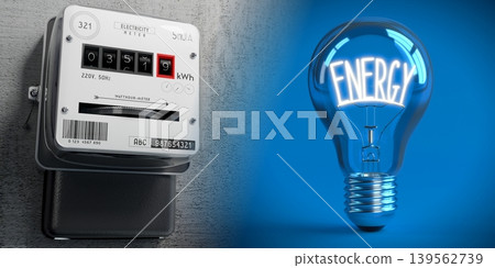 Electricity meter and light bulb - energy concept - 3D illustration Electricity meter and light bulb - energy concept - 3D illustration 139562739