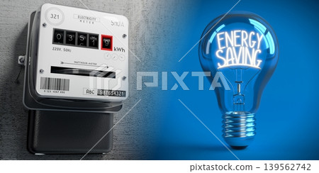 Electricity meter and light bulb - energy saving concept - 3D illustration Electricity meter and light bulb - energy saving concept - 3D illustration 139562742