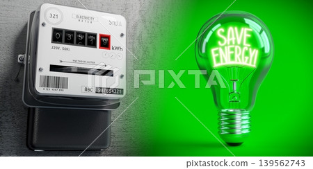 Electricity meter and light bulb - save energy concept - 3D illustration 139562743