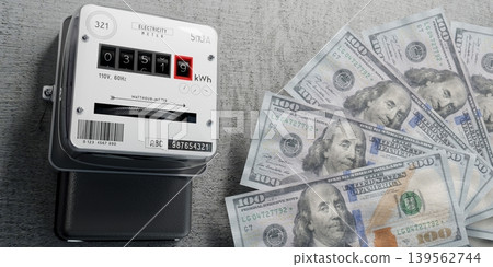 Electricity meter and dollar banknotes - energy bill concept - 3D illustration Electricity meter and dollar banknotes - energy bill concept - 3D illustration 139562744